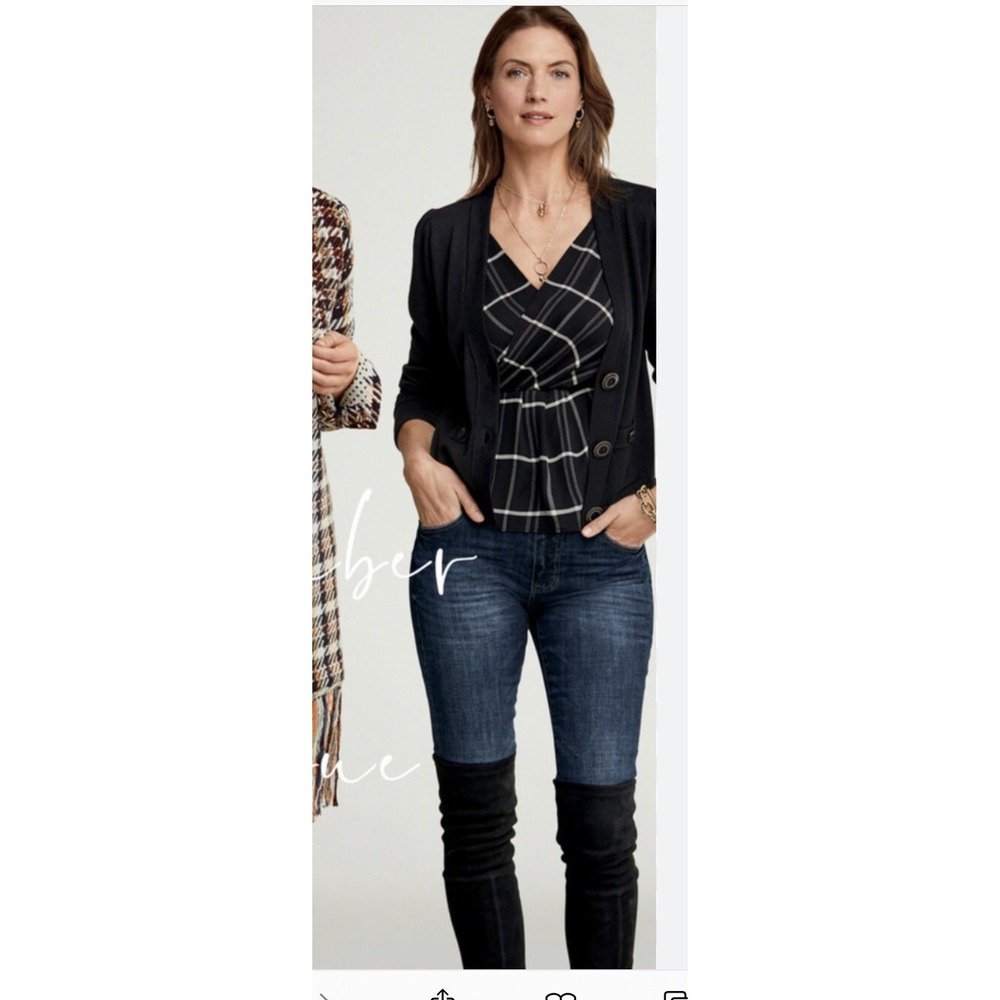CAbi Check Crossover Cami Womens 8 Black White Plaid Peplum Lined 3986